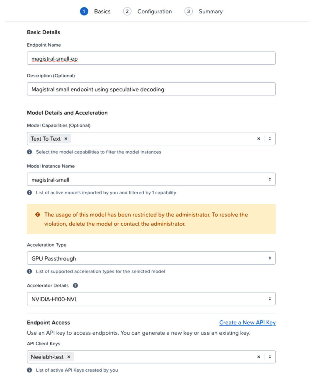 Fig 02. Endpoint Creation Pane in Nutanix Enterprise AI, Step 1