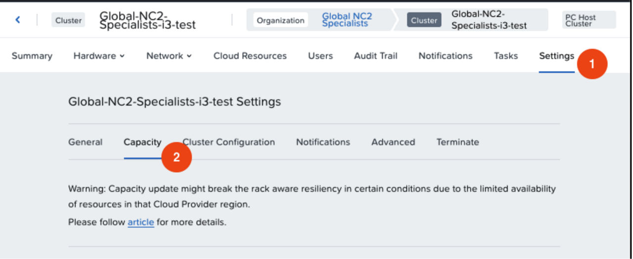 Figure 2: Opening the NC2 Cluster Capacity Page