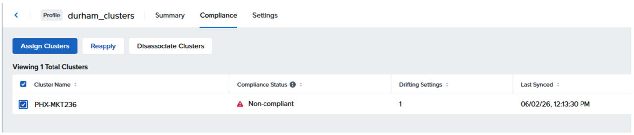 Fig 03. Non-Compliant Cluster profile setting
