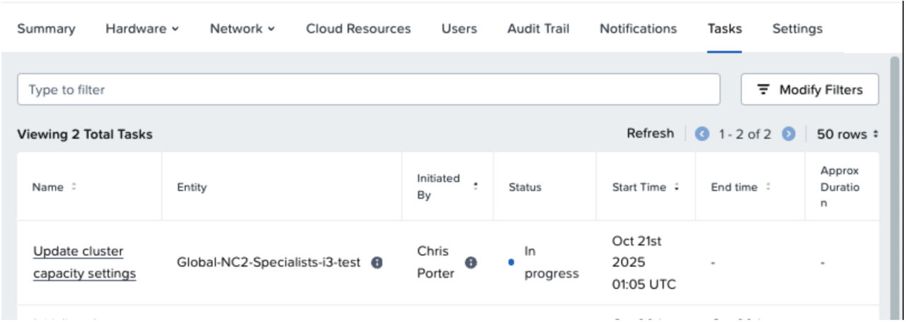 Figure 6: Update cluster capacity settings task