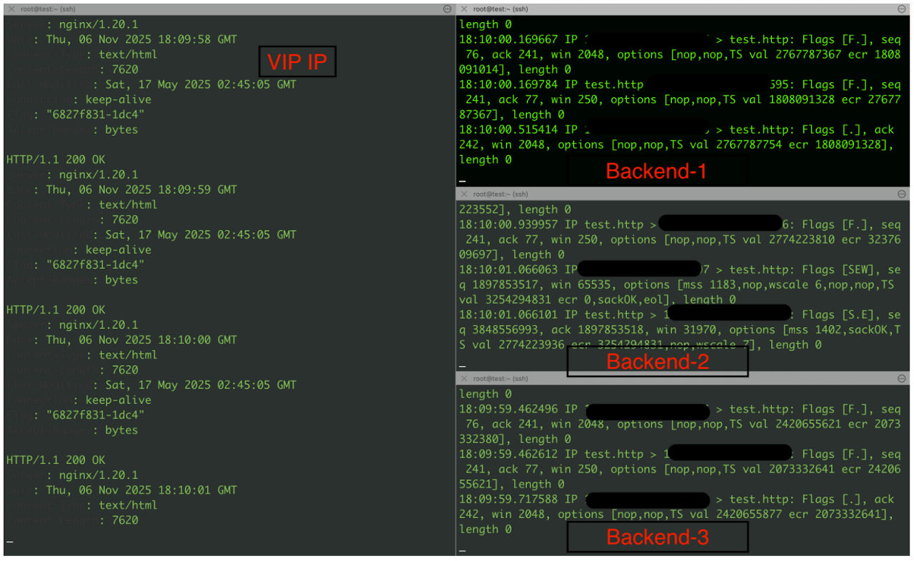 Fig 07. Traffic hitting the three backends with the VIP being accessible on the private and Floating IP