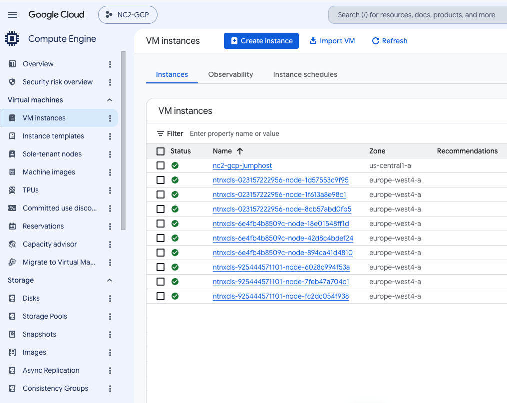 graphic to represent Screenshot from Google Cloud Console running NC2 VMs with NDB control plane hosted in Europe-west region as an example. Customers can deploy the NDB control plane on any supported GCP region globally