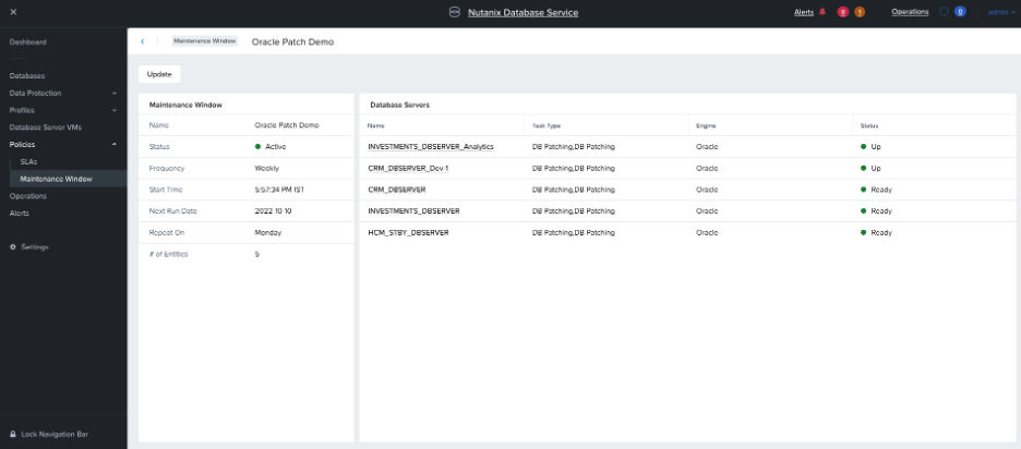 graphic to represent A maintenance window in NDB — "Oracle Patch Demo" — configured to run weekly on Mondays, with five Oracle database servers associated and ready for the next scheduled patch cycle.