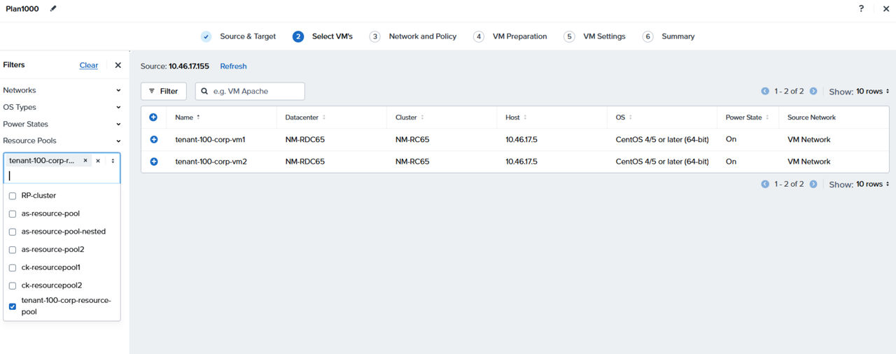 Select VMs step showing filtered virtual machines in a workload migration plan.