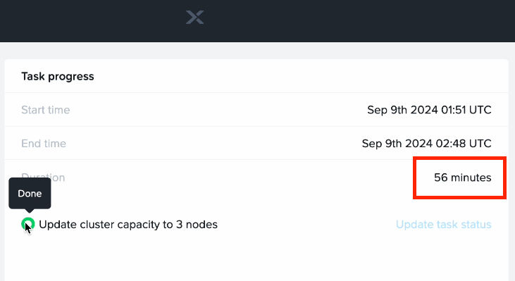 Screenshot of migration status showing as complete with a duration on 56 minutes