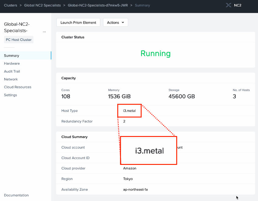 Screenshot of NC2 on AWS cluster with three i3.metal nodes