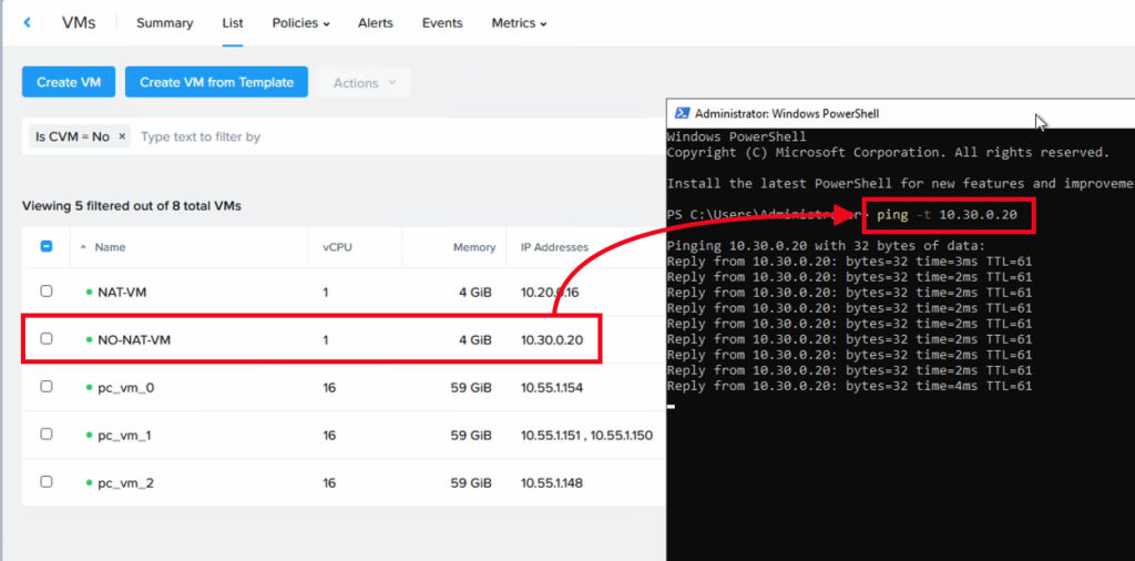 Screenshot of VMs and ping of Linux NC2
