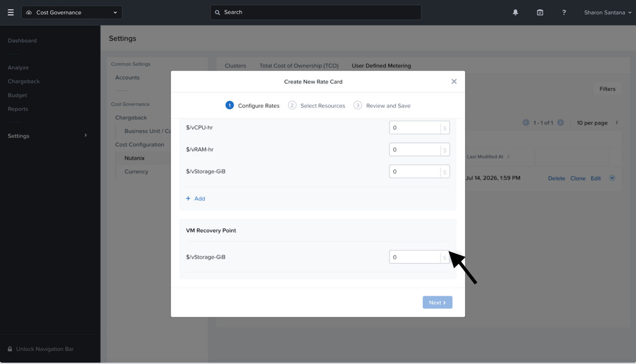 NCM 2.1 provides users with the ability to Create a New Rate Card and specify Storage Cost for each Gigabyte used in a VM Recovery Point as part of the User Defined Metering (UDM) Model