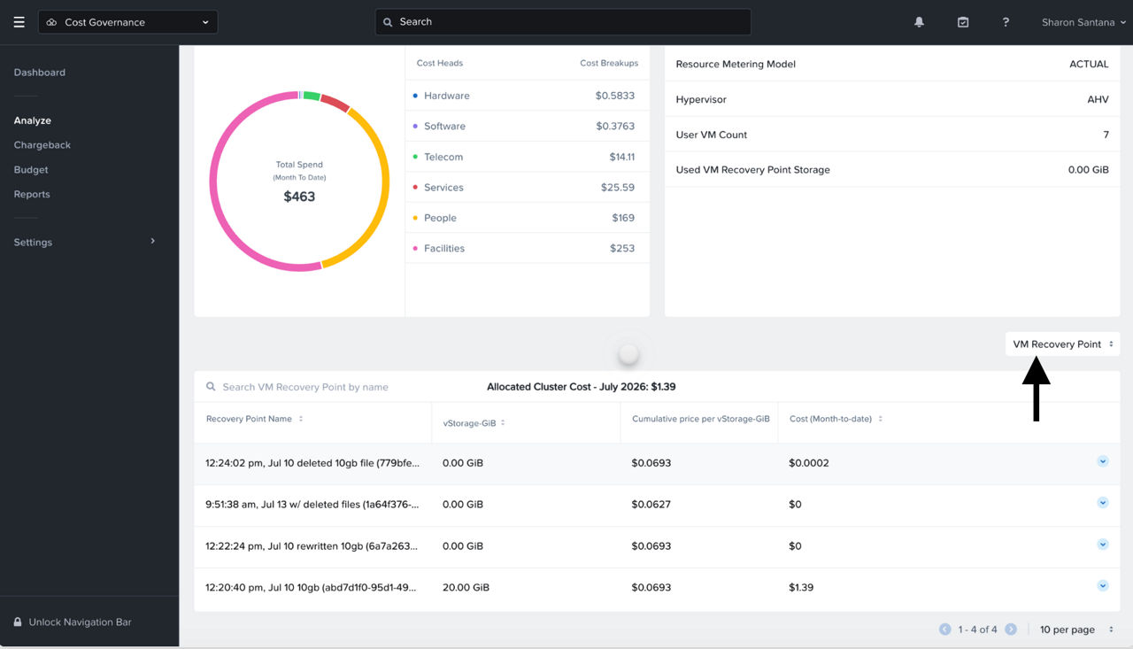 NCM 2.1 provides users with the ability to now visualize the cost of each VM Recovery Point