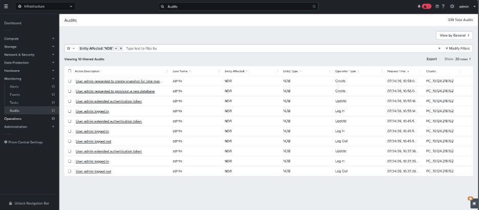 graphic to represent PC Audit Explorer filtered to Entity Affected: NDB, showing database lifecycle actions such as "User admin requested to provision a new database" and "User admin requested to create snapshot for time machine"