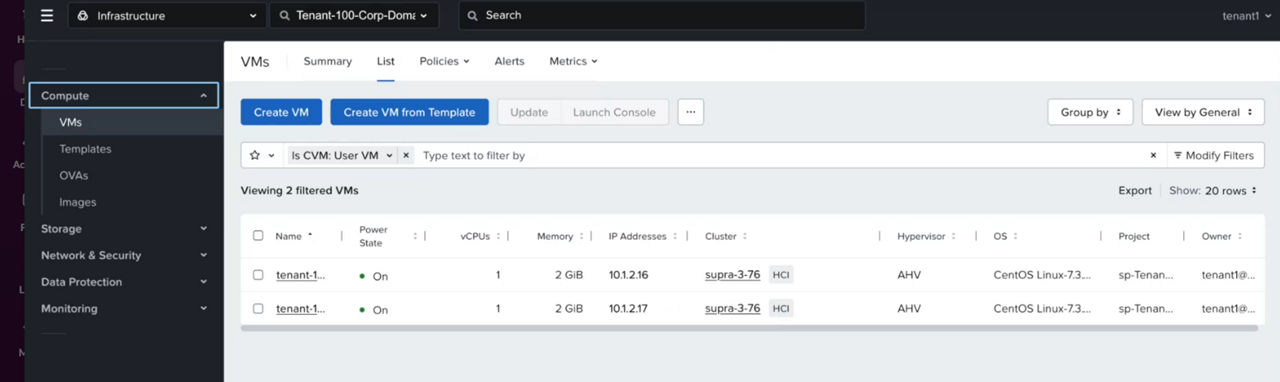 Prism Central VMs view displaying a filtered list of virtual machines.