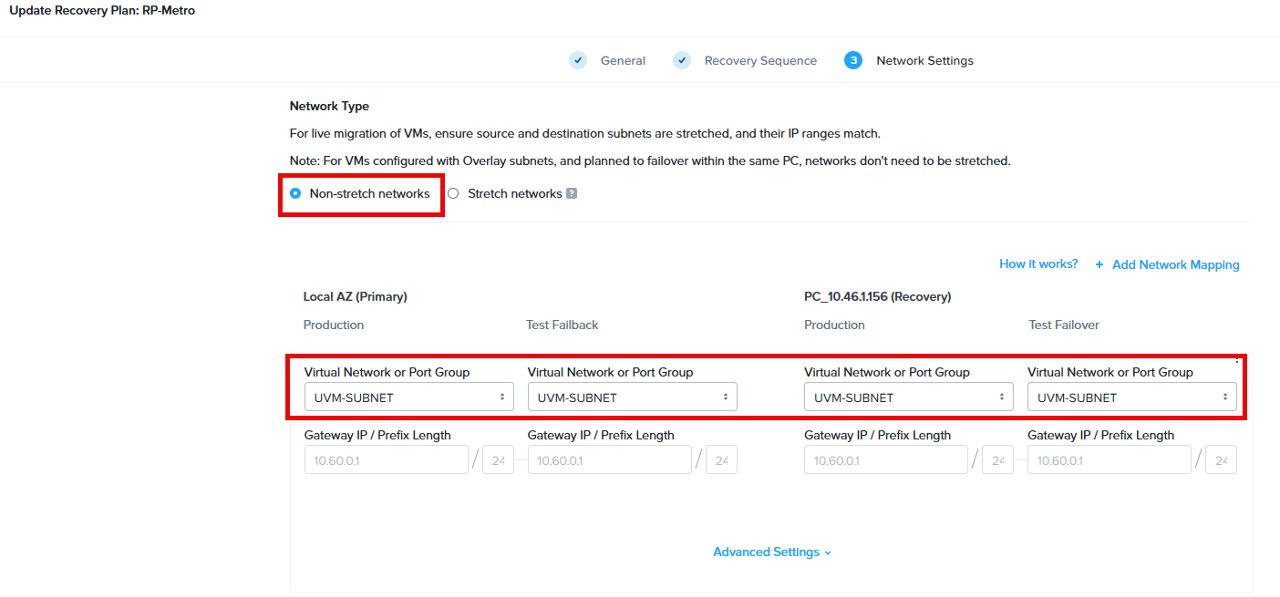 Setting up the recovery plan in PC with identical subnets