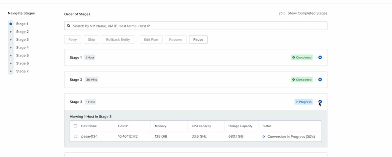 Move UI showing  the progress of an In-Place Cluster conversion