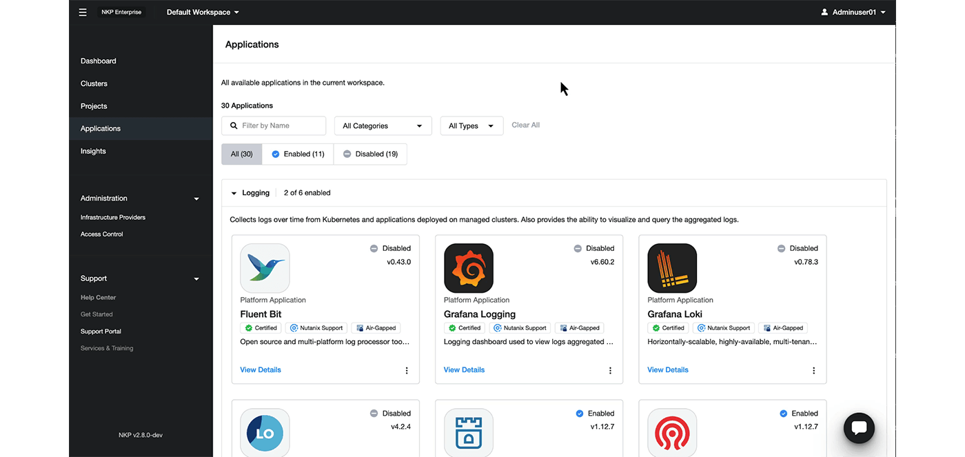 Nutanix NKP application catalog showing logging tools and their enabled or disabled status