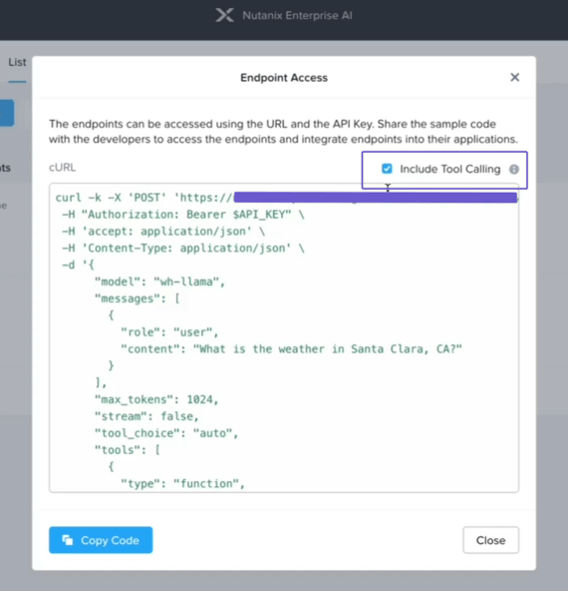 Graphic to represent The sample code of an endpoint’s payload below asks about the weather in Santa Clara, CA, and is checked to include ‘Tool Calling’.