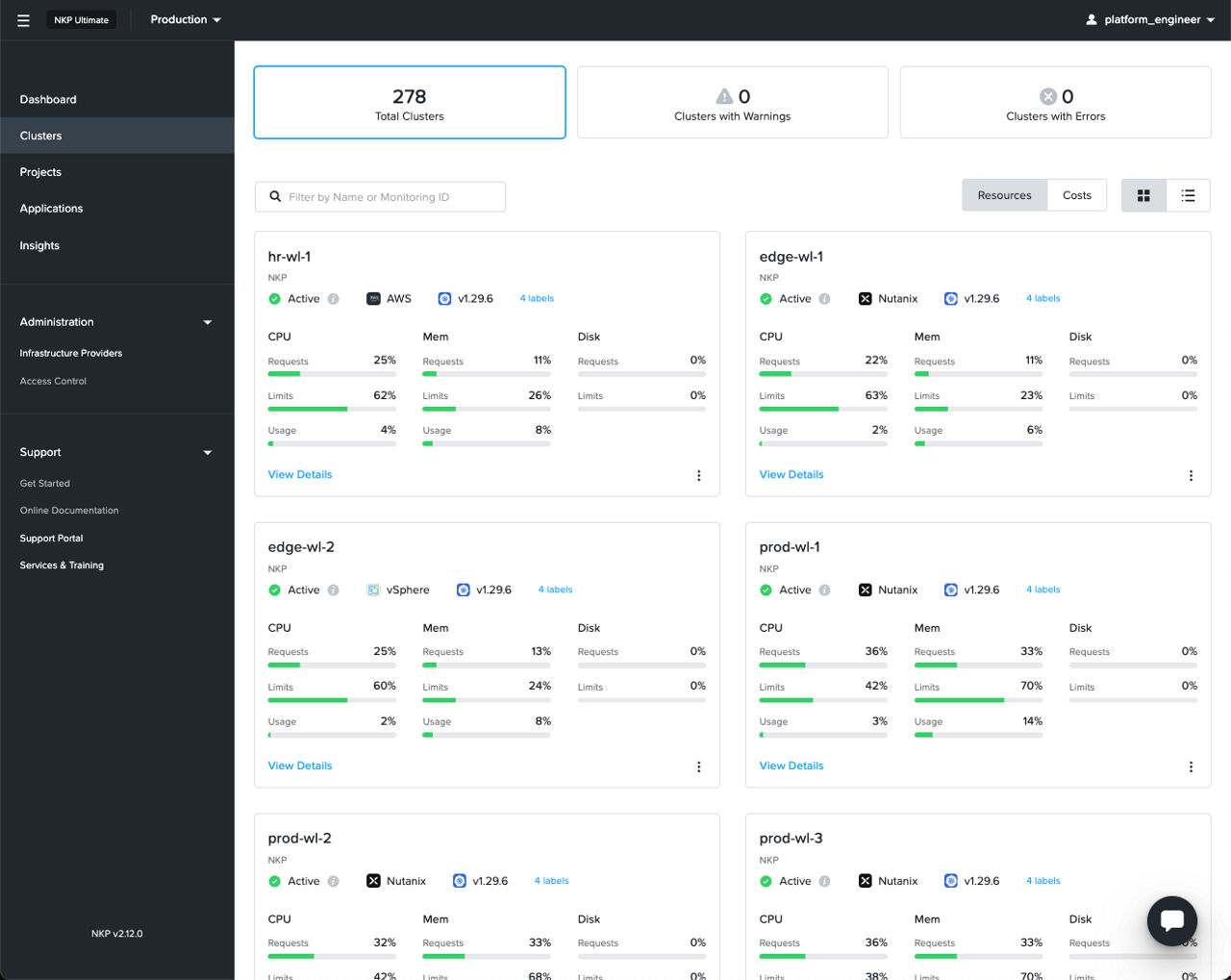 Nutanix Kubernetes Platform の UI スクリーンショット